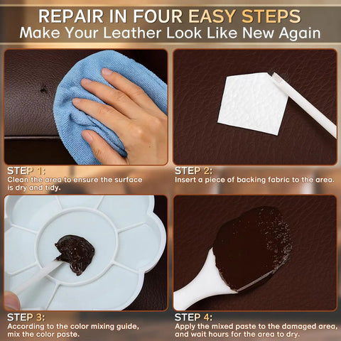 Instruction steps for using Brown Leather Repair Kit For Furniture And Auto Interiors With Quick Drying Adhesive.