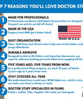 Infographic titled 'Top 7 Reasons You'll Love Doctor Stuff' listing benefits of Doctor Stuff labels with American flag and logo.