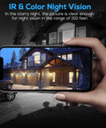 Phone screen displaying IR and color night vision from Outdoor 5MP PTZ WiFi Security Camera With Auto Tracking And Floodlight Color Night Vision.