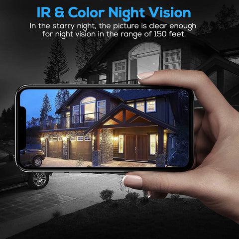 Phone screen displaying IR and color night vision from Outdoor 5MP PTZ WiFi Security Camera With Auto Tracking And Floodlight Color Night Vision.
