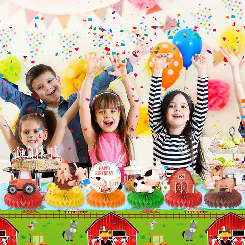 Children celebrating with 9 Piece Farm Honeycomb Centerpieces Set For Birthday Parties Farm Animal Theme Table Decor And Party Favors.