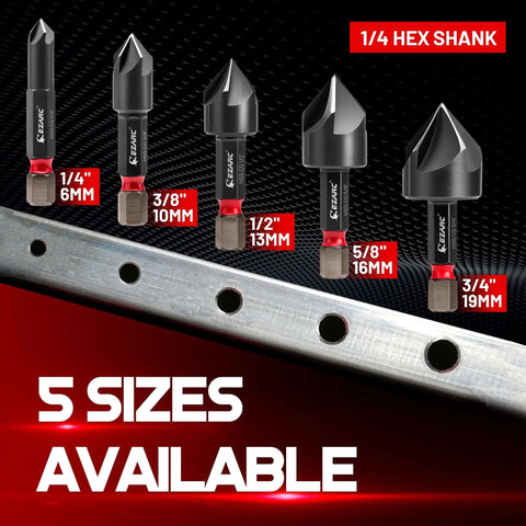 Front view of EZARC 5‑piece TiAlN-coated countersink drill bit set with 1/4 in hex shank; sizes 1/4, 3/8, 1/2, 5/8, 3/4 in.