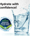 Splashing water in a glass beside certified lead-free drinking water seal from 25 Ft RV Drinking Water Hose Lead Free BPA Free And Phthalate Free With Diamond Hatch Reinforced PVC For Safe Fresh Water Use Five Eighth Inch Inner Diameter Made In USA.