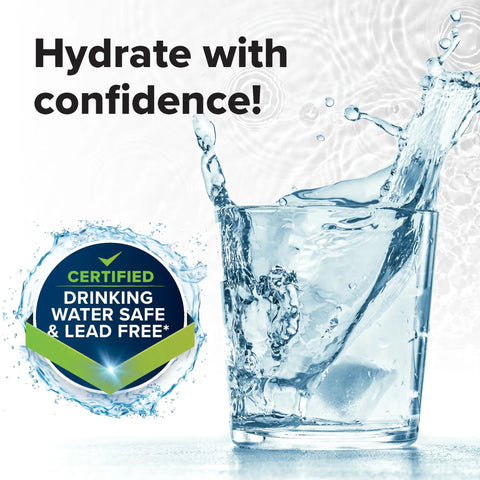 Splashing water in a glass beside certified lead-free drinking water seal from 25 Ft RV Drinking Water Hose Lead Free BPA Free And Phthalate Free With Diamond Hatch Reinforced PVC For Safe Fresh Water Use Five Eighth Inch Inner Diameter Made In USA.