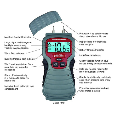 7440 AccuMASTER XT Digital Moisture Meter Handheld Pin Type With Backlit LCD Display showing moisture reading and features