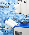 Shop Grade Industrial Air Conditioner And Portable Spot Cooler with 14L water tank and dual adjustable cooling ducts.