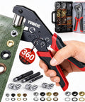 DIY Friendly Grommet Kit With Case Pro Grade Hole Punch Set in use on green tarp, includes 360 rust-resistant eyelets and plier.