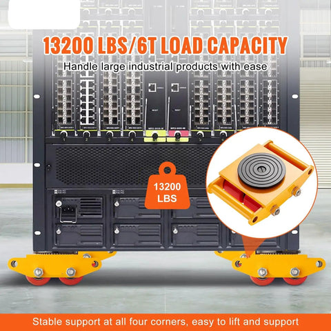 Heavy Duty Machinery Moving Skates Workhorse And 12 Ton Industrial Equipment Dollies With 360 Degree Polyurethane Wheels For Smooth Factory Transport That Is A Piece Of Cake, showing yellow skates under equipment.