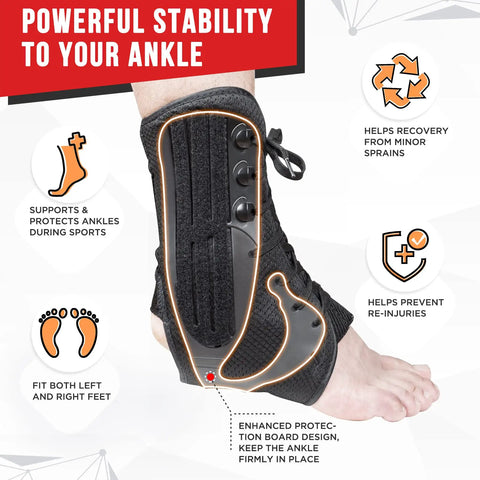 Upgraded Lace Up Ankle Brace With Adjustable Wrap For Women And Men Ankle Support Stabilizer For Sprained Ankles Injury Recovery And Achilles Tendonitis Featuring A Figure Eight Strap Design shown on foot with illustration of features