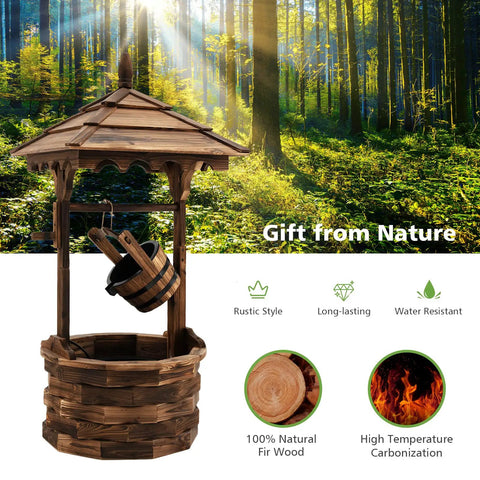 Rustic Wishing Well Outdoor Fountain With Electric Pump, freestanding wooden water feature with bucket in forest setting.