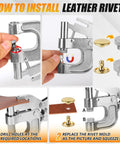 Leather Rivets Press Tool Kit With 160 Rivets And Installation Pliers showing assembly steps and metal components.