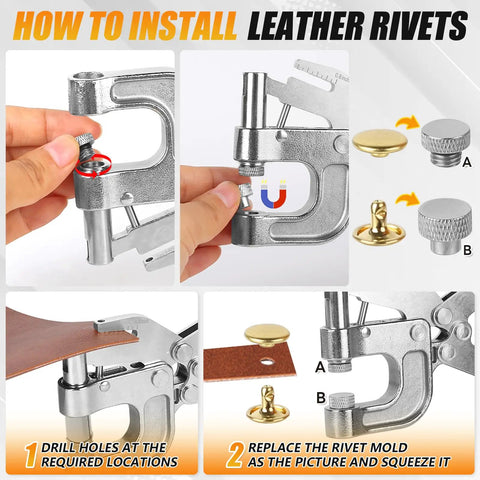Leather Rivets Press Tool Kit With 160 Rivets And Installation Pliers showing assembly steps and metal components.