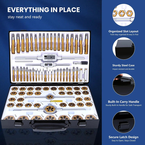 Titanium-Coated Tap And Die Set 86-Piece Pro Grade Threading Kit With SAE And Metric Sizes, HSS Cutting And Rethreading in case