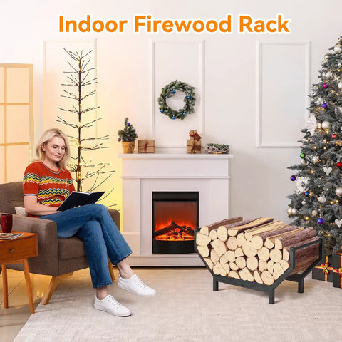Indoor Outdoor Firewood Rack With Large Capacity Rustproof Steel Log Holder for Fireplace and Outdoor Use filled with logs in living room