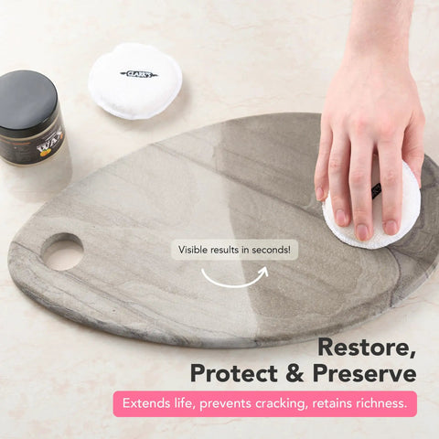 Soapstone and Concrete Countertop Wax 6 oz Orange Lemon Scent with Carnauba and Beeswax That Builds a Non Greasy Protective Barrier Against Stains and Spills on Stone Slate Concrete and Butcher Block Surfaces on gray stone board