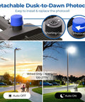 Heavy Duty 400W LED Parking Lot Light Shoebox Style With Dusk To Dawn Sensor featuring photocell details and street installation