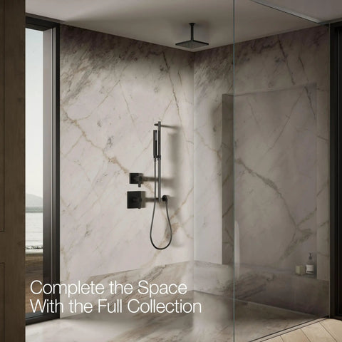 Honesty 8 Inch Square Rain Shower Head Matte Black With 2.5 GPM installed in modern marble bathroom