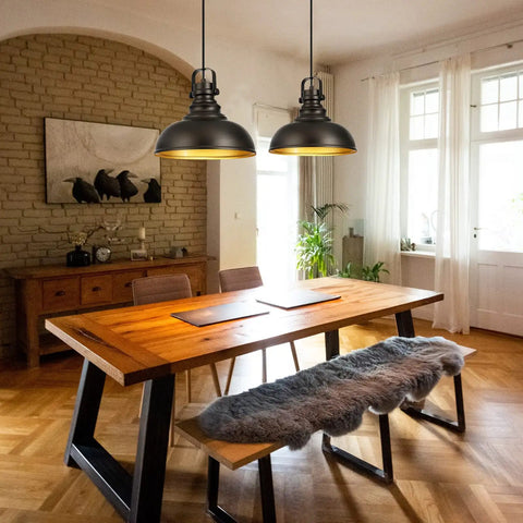 Farmhouse Pendant Lights Set For Kitchen Island Adjustable Rustic Industrial Hanging Lamps In Oil Rubbed Bronze Finish Vintage Gold Inner Shade For A Cool Dining Room Kitchen Bar Vibe Two Pack over dining table