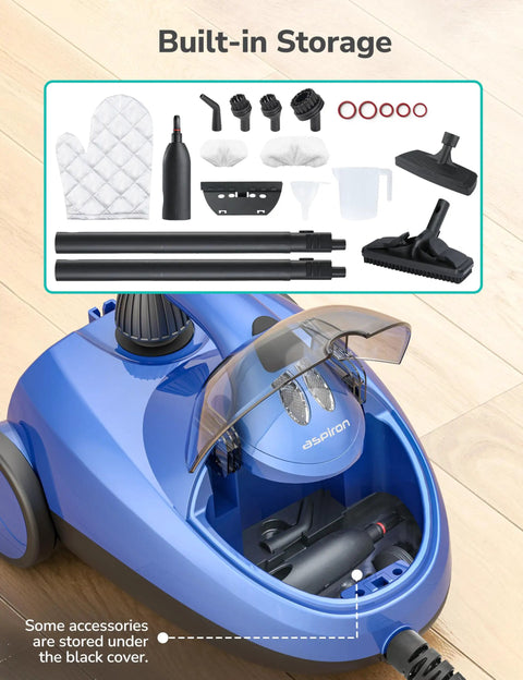 Heavy Duty Steam Cleaner With 21 Attachments, 293 Fahrenheit Steam Mop For Home And Car, 50 Oz Tank featuring built-in storage for accessories.