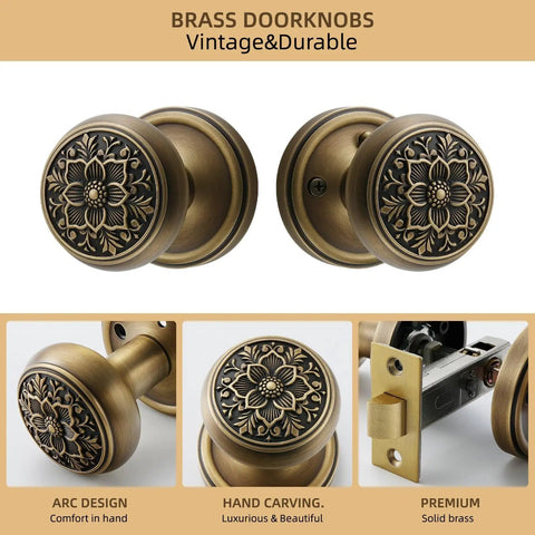 Antique Brass Door Knob With Intricate Floral Design For Privacy Use Classic Vintage Look For Interior Doors Durable And Elegant Hardware