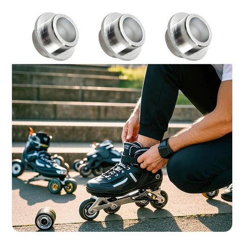 Aluminum Inline Skate Bearing Spacers Set Of 10 For 8mm Axles next to person lacing rollerblades outdoors
