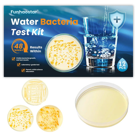 Drinking Water Bacteria Test Kit With 12 Tests Detecting Coliform And E Coli Plus All Bacteria For Home Well Tap Pool Hot Tub City Water Easy DIY Tester With Free Lab Analysis And Clear Step By Step Instructions showing culture plates and packaging.