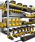 Heavy Duty Power Tool Organizer Wall Mount With 7 Slot Cordless Drill Holder And Battery Shelf in metal, fully equipped with tools