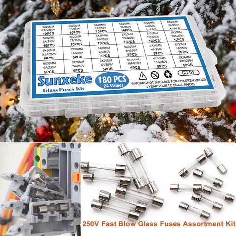24 Value Glass Fuse Kit With 180 Pieces Fast Blow 250V Assortment displayed against holiday background