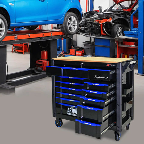 Heavy Duty Rolling Tool Chest With 12 Drawers Mechanic Tool Box On Wheels Beefy Mobile Storage Cabinet And Workbench For Garage Workshop Warehouse And Repair Shop With Solid Wood Top in auto repair shop