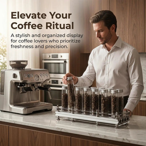 Hype Building Daily Grind Storage Kit With Airtight Single Dose Espresso Canisters arranged on a kitchen countertop.