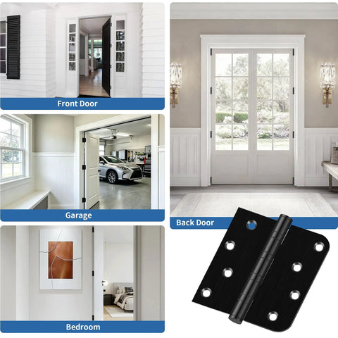 Top Notch Four Inch Ball Bearing Door Hinges In Deep Matte Black With Full Fastener Kit For Buttery Smooth Heavy Duty Exterior Gate And Fence Swing Install Featuring Rounded Or Square Corner Styles Built Tough For Reliable Daily Use.