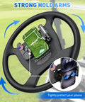 Kickass Flip Up Golf Cart Steering Wheel Cell Phone Mount with strong hold arms securely holding a smartphone on golf cart steering wheel.
