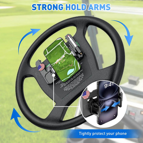 Kickass Flip Up Golf Cart Steering Wheel Cell Phone Mount with strong hold arms securely holding a smartphone on golf cart steering wheel.