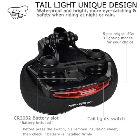 Underside view of C99 Memory Foam Bike Seat Saddle With Taillight highlighting LED lights, dual spring suspension, and switch.