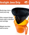 Ultralight Java Drip Pour Over Coffee Maker For Camping and Backpacking with reusable filter on orange mug