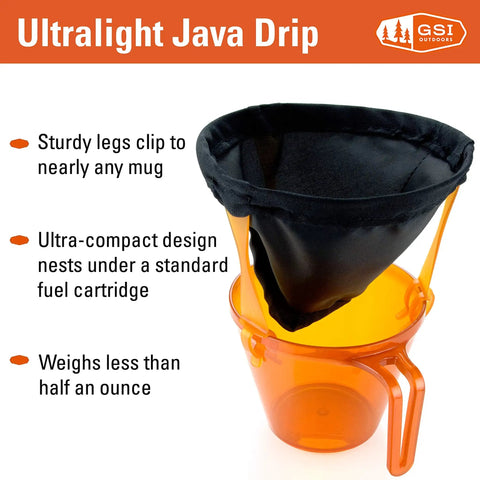 Ultralight Java Drip Pour Over Coffee Maker For Camping and Backpacking with reusable filter on orange mug