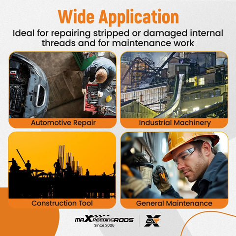 Image showing wide applications of 320 Piece Helicoil Thread Repair Kit With Metric And SAE Thread Restorer Set in automotive, industrial, and construction.
