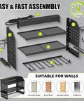 Power Tool Organizer Wall Mount With Charging Station And 6-Outlet Power Strip, 3-Tier Garage Shelf Black, Keeps Tools Charged And Ready To Roll In Your Busy Workshop., black metal wall-mounted 3-tier tool organizer with charging strip, hooks, and shelves for garage storage