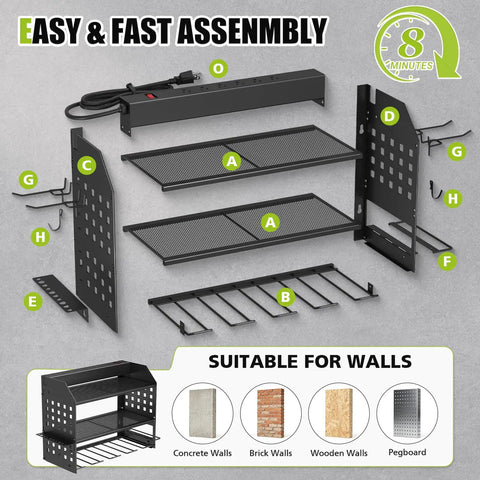 Power Tool Organizer Wall Mount With Charging Station And 6-Outlet Power Strip, 3-Tier Garage Shelf Black, Keeps Tools Charged And Ready To Roll In Your Busy Workshop., black metal wall-mounted 3-tier tool organizer with charging strip, hooks, and shelves for garage storage