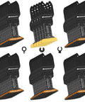Badass 50 Piece Oscillating Tool Blade Set Featuring 45 Curved Edge And 5 Titanium Straight Cutters For Cutting Wood Plastic Drywall Metal Demolition Tasks Quick Swap Universal Lock with varied blades.