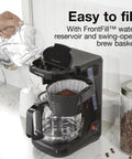 FrontFill Drip Coffee Maker Digital Programmable 12 Cup Glass Carafe Black And Silver With Easy Fill Reservoir And Swing Open Brew Basket in use