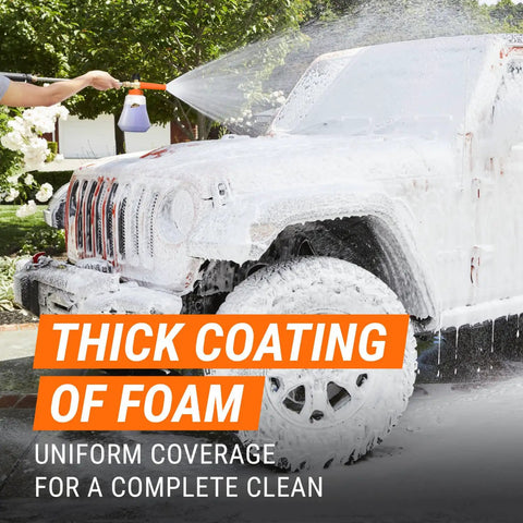 2-In-1 Foam Cannon Kit for car cleaning with power washer or garden hose connection in use covering SUV with thick foam.