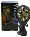 5 Inch Battery Powered Clip On Fan With Clamp 2 Pack, shown in packaging with black and gold design, for hands free cooling