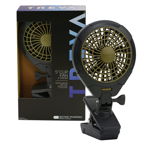 5 Inch Battery Powered Clip On Fan With Clamp 2 Pack, shown in packaging with black and gold design, for hands free cooling