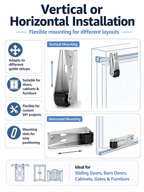 Vertical installation guide for Premium Heavy Duty Vertical Track Rollers For Silky Smooth Sliding Barn Doors And Cabinets Featuring Rock Solid No Jitter Guide System Supporting Up To 110 Pounds In Matte Black.