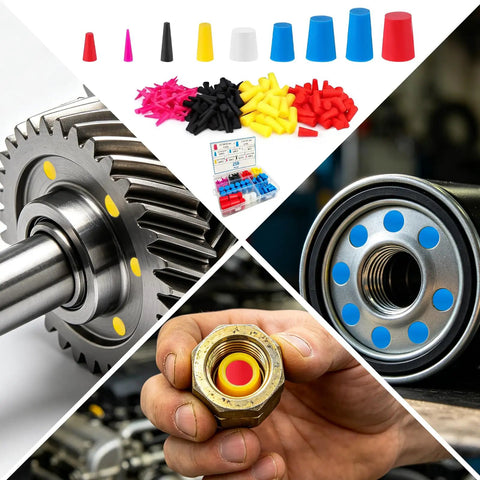 250 Piece Silicone Tapered Plug Kit With 9 Sizes For Heat Resistant Masking Up To 600 Degrees F Perfect For Powder Coating Painting Electroplating And Anodizing Jobs Without Leaking Or Failure On A Dime. silicone plugs in assorted sizes for threaded hole masking on metal parts