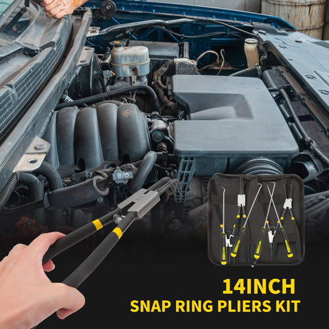 Using the 14-inch snap ring pliers kit in automotive engine repair.