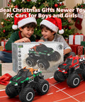Children with Amphibious RC Monster Truck 1 16 Scale All-Terrain Off-Road Beast gift by a Christmas tree in festive setting.