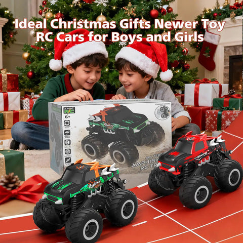Children with Amphibious RC Monster Truck 1 16 Scale All-Terrain Off-Road Beast gift by a Christmas tree in festive setting.