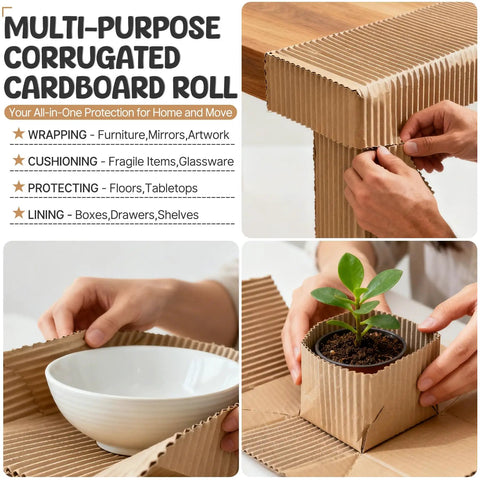 Beefy 17 Inch Wide Corrugated Cardboard Roll, 235 Inch Long, B-Flute Packing Paper for Moving and DIY Projects, used on furniture and with plants.